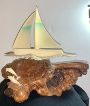 Load image into Gallery viewer, JOHN PERRY SCULPTURE OF A LG SAIL BOAT& DOLPHIN ON LARGE BEAUTIFUL BURL WOOD