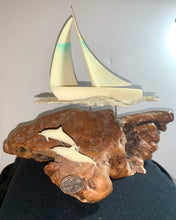 Load image into Gallery viewer, JOHN PERRY SCULPTURE OF A LG SAIL BOAT&amp; DOLPHIN ON LARGE BEAUTIFUL BURL WOOD
