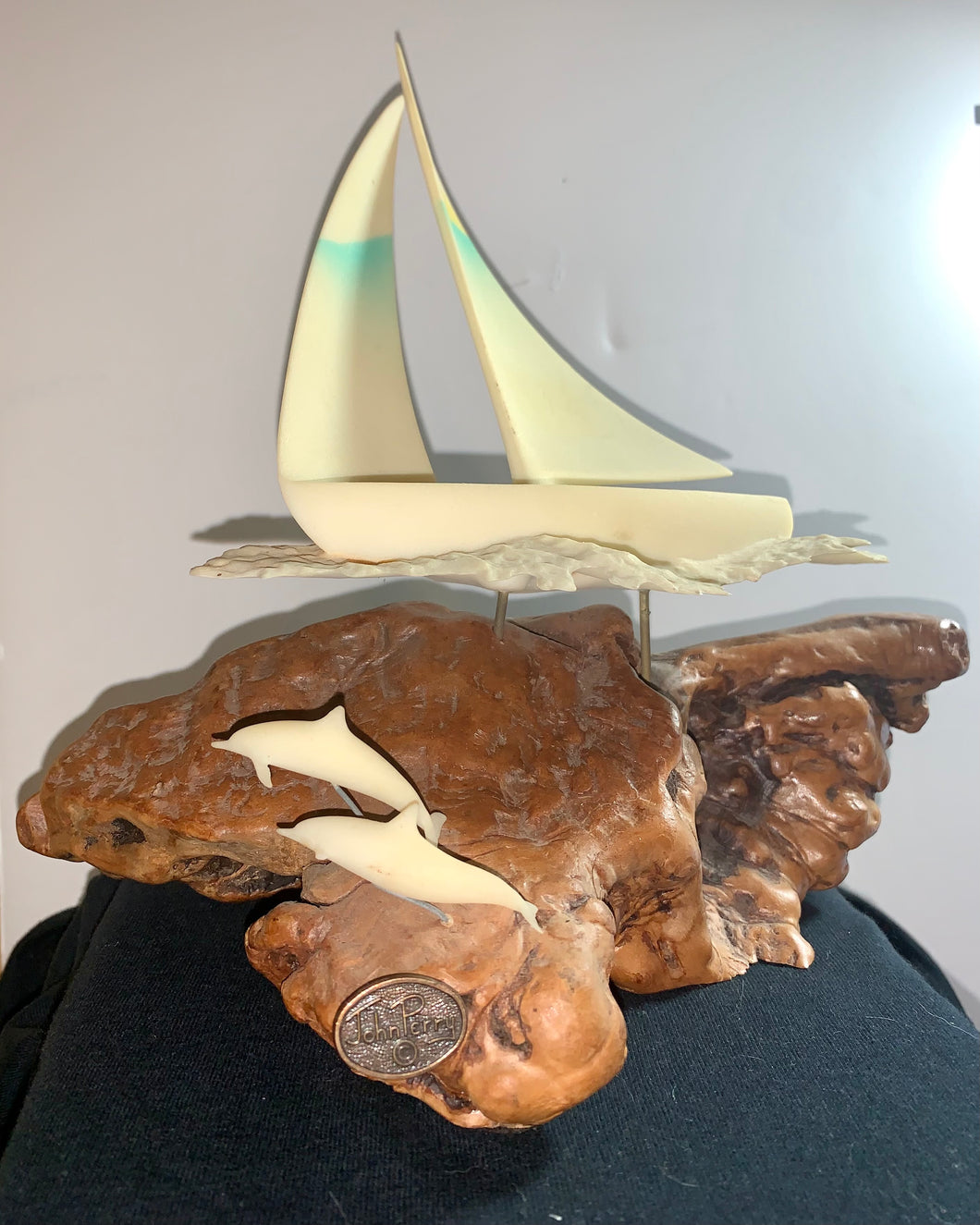 JOHN PERRY SCULPTURE OF A LG SAIL BOAT& DOLPHIN ON LARGE BEAUTIFUL BURL WOOD
